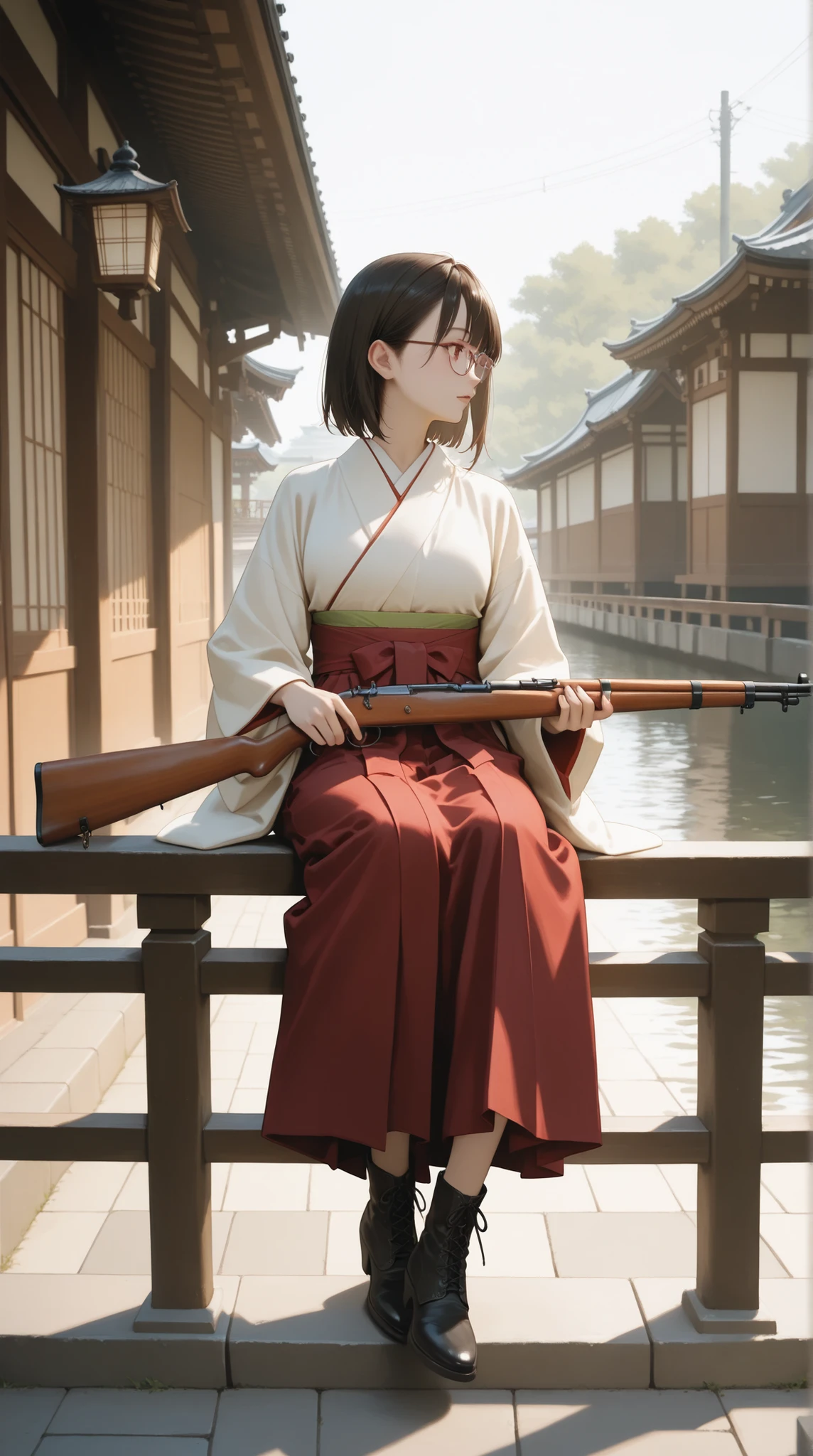 realistic anime style, SDXL rendering, highly detailed fabric and anatomy, two young Japanese women with black-rimmed glasses, wearing fully traditional Taisho-era school uniforms, one in a red and white striped kimono-style blouse with overlapping kimono collar and wide sleeves, green and red obi, the other in a striped white blouse with accurate layered kimono collar and deep burgundy hakama, both with black leather lace-up ankle boots, sitting properly on the stone railing of Nihonbashi bridge in Tokyo, 1920s atmosphere, wooden railings and gaslight streetlamps, holding or resting near a slim, short-barreled bolt-action rifle with wooden finish, background features historical Japanese architecture and reflective waterway, soft sepia filter, elegant and moody tone, no distortion, no modern elements, no cartoon style, cinematic shadow