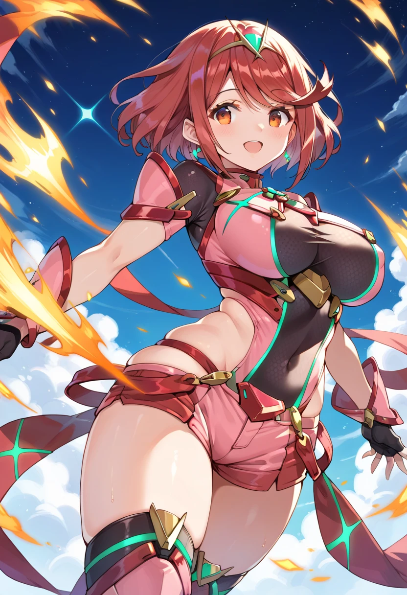 pyra \(xenoblade\), teen_1girl, armor, bangs, black gloves, breasts, red eyes, closed mouth, earrings, eyelashes, fingerless gloves, floating hair, framed breasts, gem, gloves, hair ornament, headpiece, jewelry, big_breasts, leaning back, leotard, neon trim, official art, pose, red hair, red shorts, saitou masatsugu, short hair, short shorts, short sleeves, shorts, sidelocks, skin tight, solo, standing, swept bangs, thighhighs, tiara, night_prairie_background, turtleneck, underbust, vambraces, xenoblade chronicles \(series\), (xenoblade chronicles 2), apart_legs, fire_effect,dynamic_pose_fighting,light_smile, (plump:1.1), big_ass,huge_sword, hold_large_sword_hilt, solo, covered_nipples, covered_pussy,open_mouth,