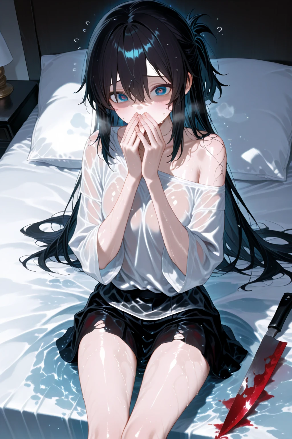 , black hair, blue eyes, sex slave, cry, sad, chained, scared, white underwear, vibrator
