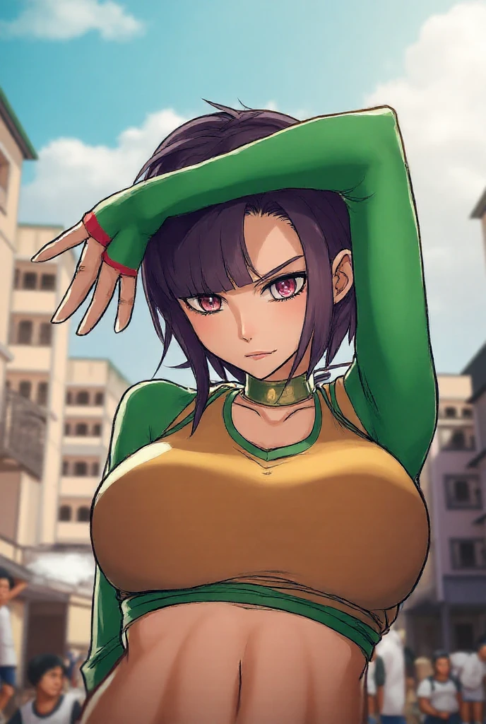 On the table, best quality, 1 Girl, Detailed facial features, Pretty Face, Snowstorm, Green Hair, Tight clothes, Fur coat, Jewel-like, necklace, Become a, Perfect female body, Large Breasts,(((Full and soft breasts,)))(((Huge breasts))) (((Cleavage))) permanent, outdoor, garden, Cherry blossoms, Looking at the audience, Poker face