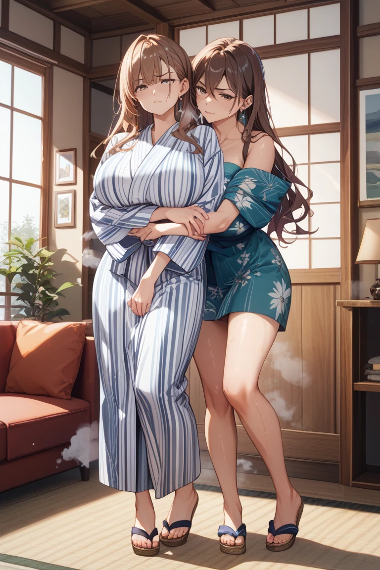 ((best quality,4k,8k,highres,masterpiece:1.2,ultradetailed,realistic,photorealistic,photo-realistic:1.37)),(((TWO plump women with a fever that is steaming from her body,They are lie down on the futon))),twenties,Perfect face,(full body,Barefoot),((A sweaty body:1.2)),(sfw,They wear Japanese linen kimonos with matching white and ultramarine stripes that cover the lower half of their bodies,with sleeve,long yukata,浴衣,Frugal obi-string),(flushed face,flushed body),(The steam from the body:1.5),(light brown hair,light hair color:1.3,curly hair, a side part on the right side and blunt bangs,Voluminous side hair:1.5,Thick eyebrows:1.5,Take it easy,gentle face,downturned big eyes:1.5),look at viewer,A Japanese-style room in a Japanese inn with a futon,(overhead shot:1.5),a The face I fell in love with,(they are completely supine,They rest their heads on the pillow),(arms up:1.5)