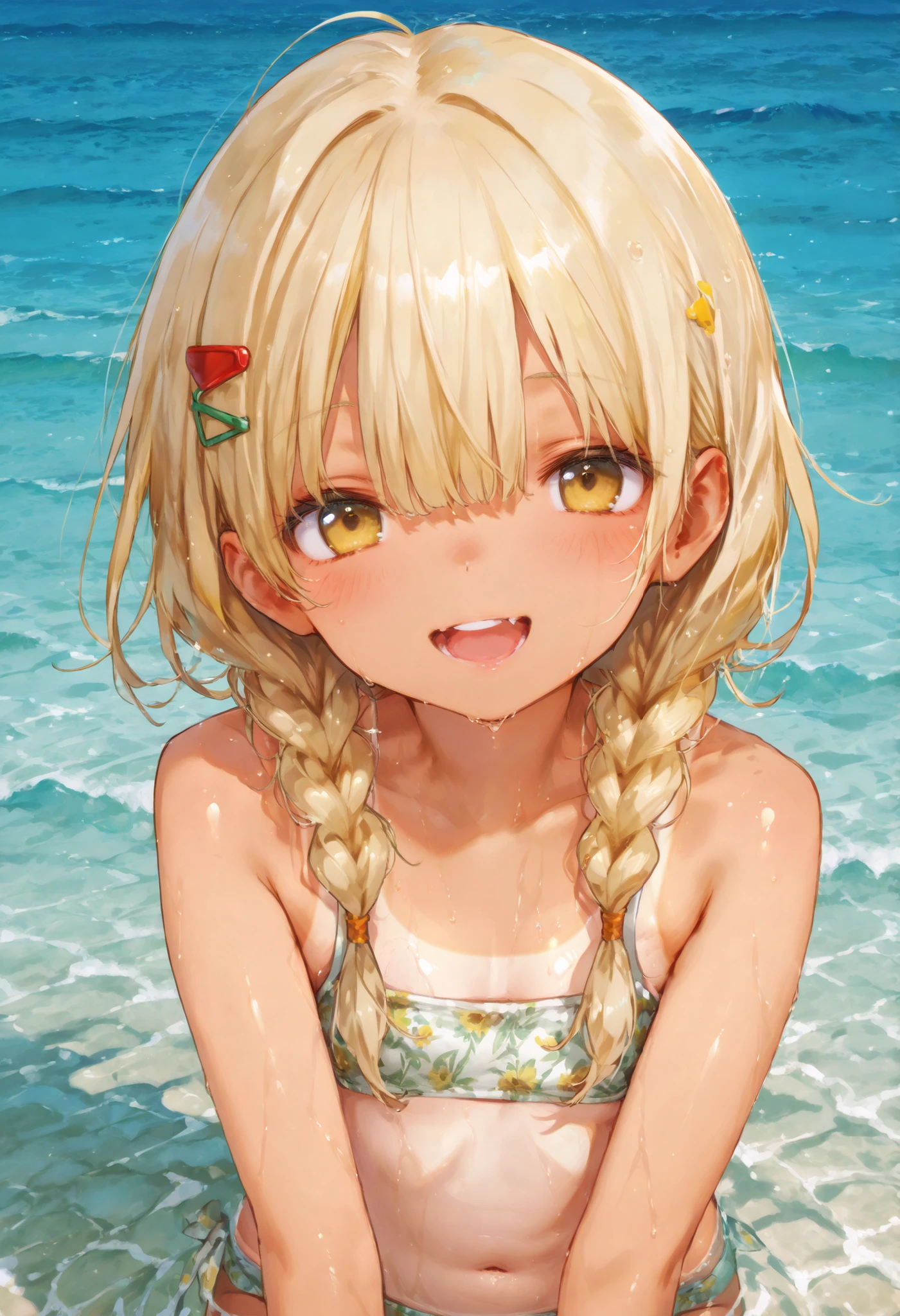 happy、young blonde girl, braids, accurate, anatomically correct,exquisite digital illustration, tanlines ,tan, ネコスライム, タンクトップ, 短パン、748cmstyle