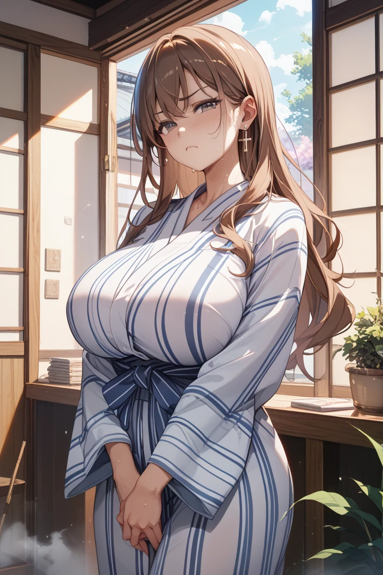 Highest quality、High resolution、Detailed Background、Beautiful face in every detail、Highly detailed face、Anatomically correct、Normal number of fingers、Detailed red eyes、Teenage beauty、Perfect body line、Huge breasts、ponytail、Bobcut、Long Hair、Wavy Hairstyle、well-groomed eyebrows、Cute Eye Makeup、Cute Lip Makeup、Calm atmosphere、He looked at me with a happy expression.、Standing by the window、Standing by the window A woman is relaxing while looking at the view outside、On a sunny day, gentle sunlight shines through the window, softly illuminating the woman's profile.、Outside the window you can see the cityscape and the greenery of the park, allowing you to feel the changing of the seasons.、The woman is spending a relaxing time looking at the scenery outside with a longing expression on her face.、The calm color scheme matches the quiet atmosphere by the window.、Stylish yet relaxed atmosphere、so beautiful
