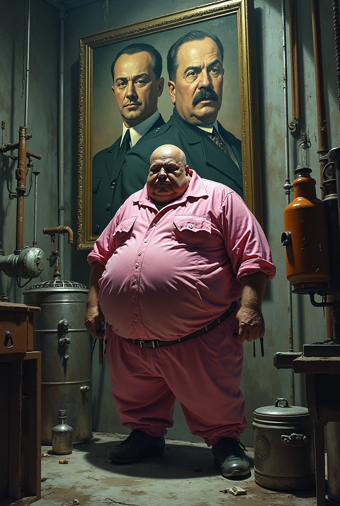 1930, massachusetts mountain village. Pre-raphaelite ((((60-year-old)) extremely fat, 800 pounds heavy nude red Satan with two horns on his head in a burning hell ((((casual Clothing from the 1930s)))) ((Hairstyle of the 1930s)), ((Wes Anderson cinematic style)), colorful.