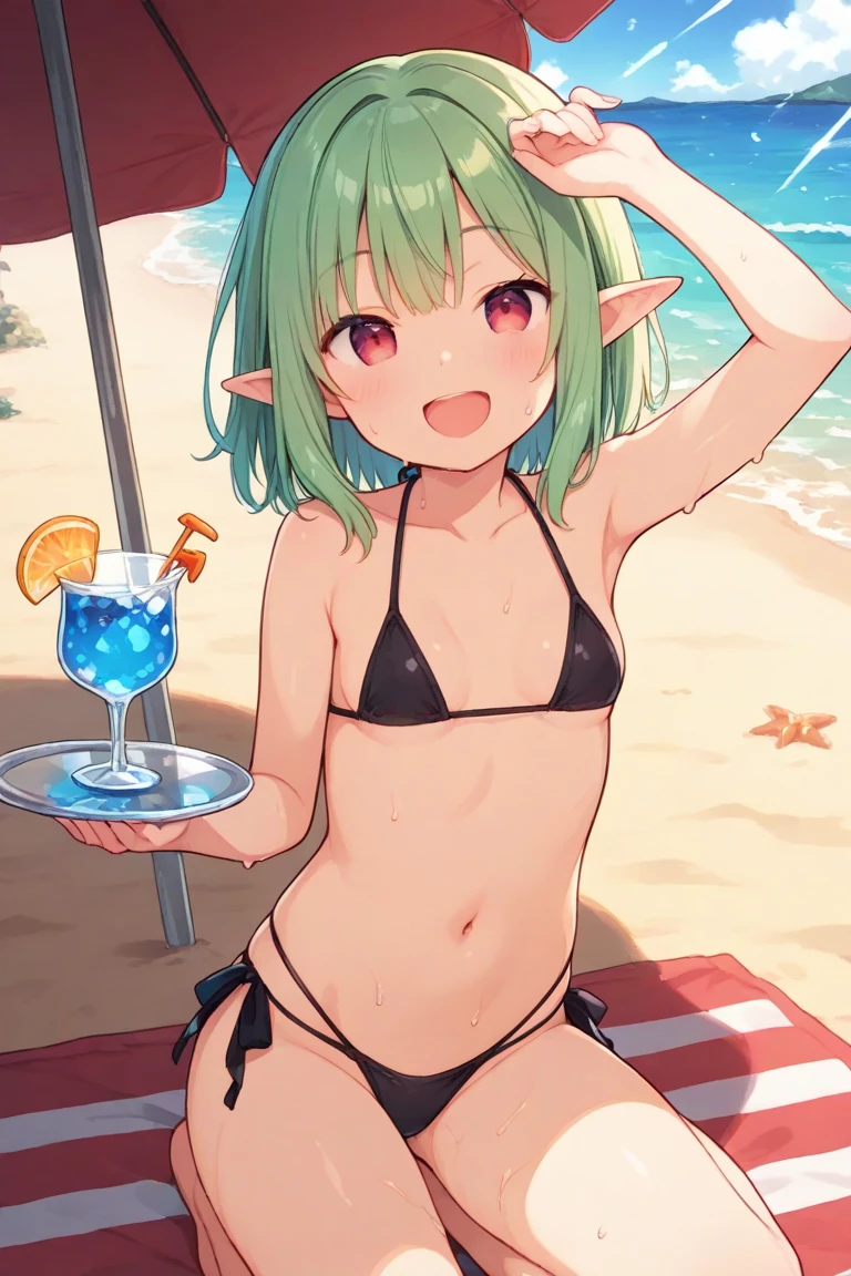 absurdrez, 1 girl, solo ((best quality)), ((masterpiece)), (detailed), 4k, green skin, tiny pointy ears, large breasts, small goblin girl, very short, wearing cow print string bikini, holding glass of milk, standing in cow pasture, smiling, looking at camera, has milk moustache