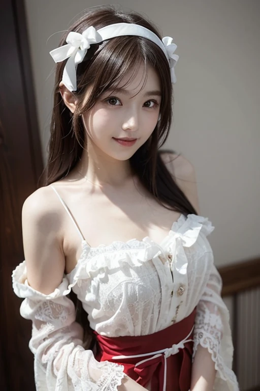 masterpiece、8K、32K、top-quality、A cute Japanese woman、detail portrayal、1 girl in、elegent、28 year old、Cleavage of、(whiteshirt、Black Apron、Frill Katyusha:1.2)、(coffee shop:1.1)、cowboy shot、ssmile