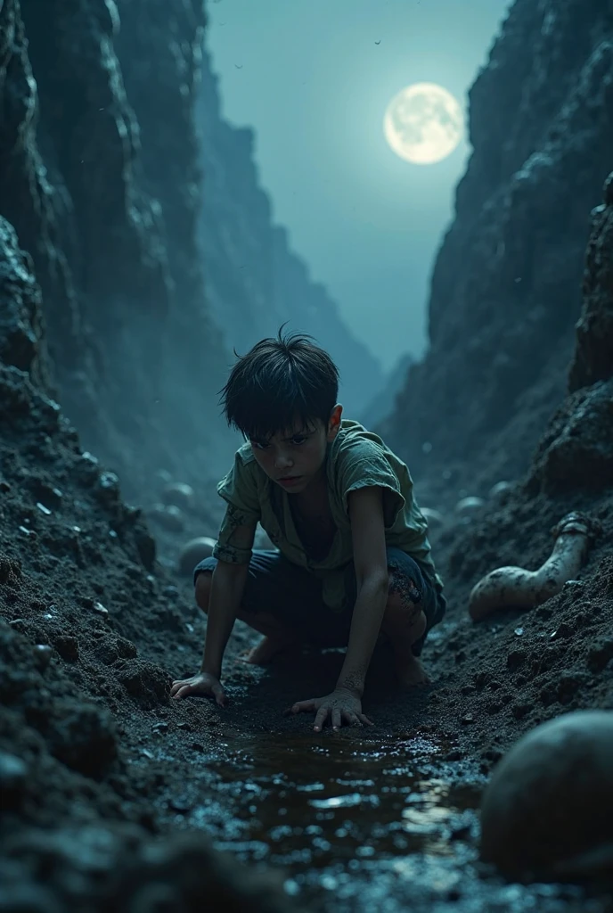 photo manhwa isekai, young blone boy 8 years old deep in the marianis trench, body glowing green, deep underwater scene, dark water, 8K, hyper quality, ultra-detailed --niji 5
