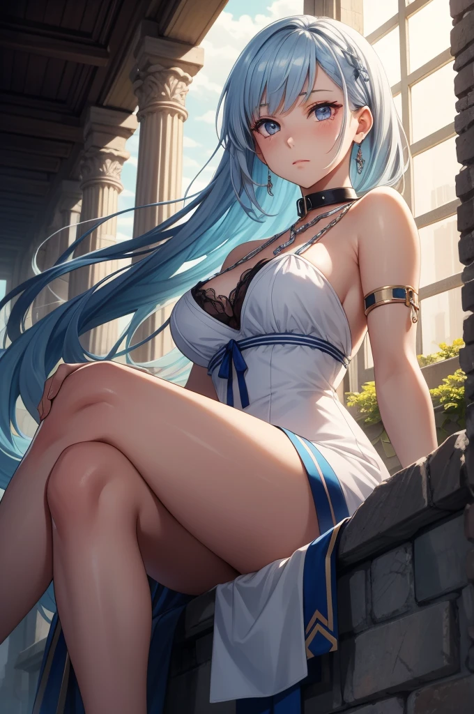 1 beautiful woman, fair skin, long braided dark blue hair, ((blue eyes, detailed eyes:1.2)), medium breasts, wearing translucent white toga, sleeveless, sideboob, elegant, sensual, (masterpiece, top quality, best quality, official art, beautiful and aesthetic:1.2), extreme detailed, colorful, highest detailed, unreal engine 5, 8k