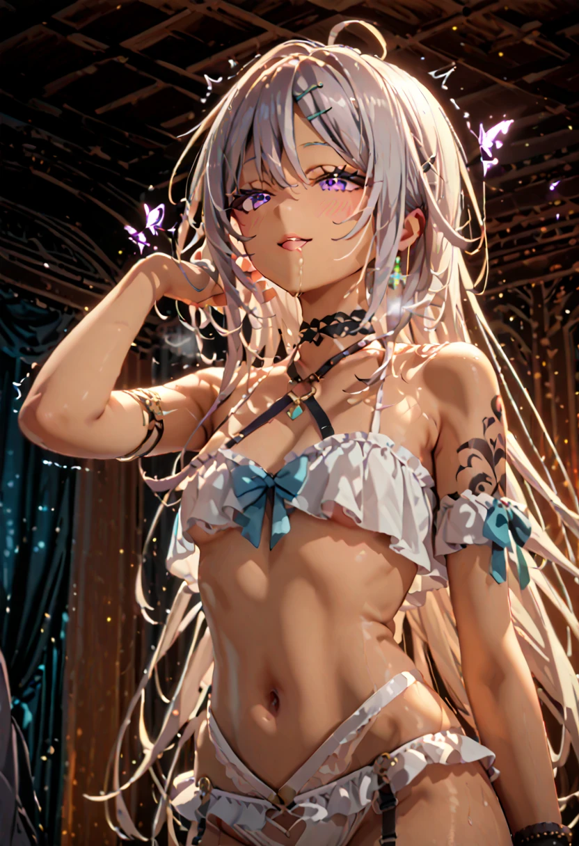 (nsfw:1.3),(open chest:1.3),((very flat chest :1.3)),((open design skirt:1.3)),((looking pussy panties:1.3)),((side tie panties:1.3))((wedgie pnties:1.3 )),,highest quality, masterpiece, long eyelashes, Sparkling輝く目, Dresses with ruffles and ribbons, Eat cake in a café, Sparkling, Cat ear, flower hair ornament,