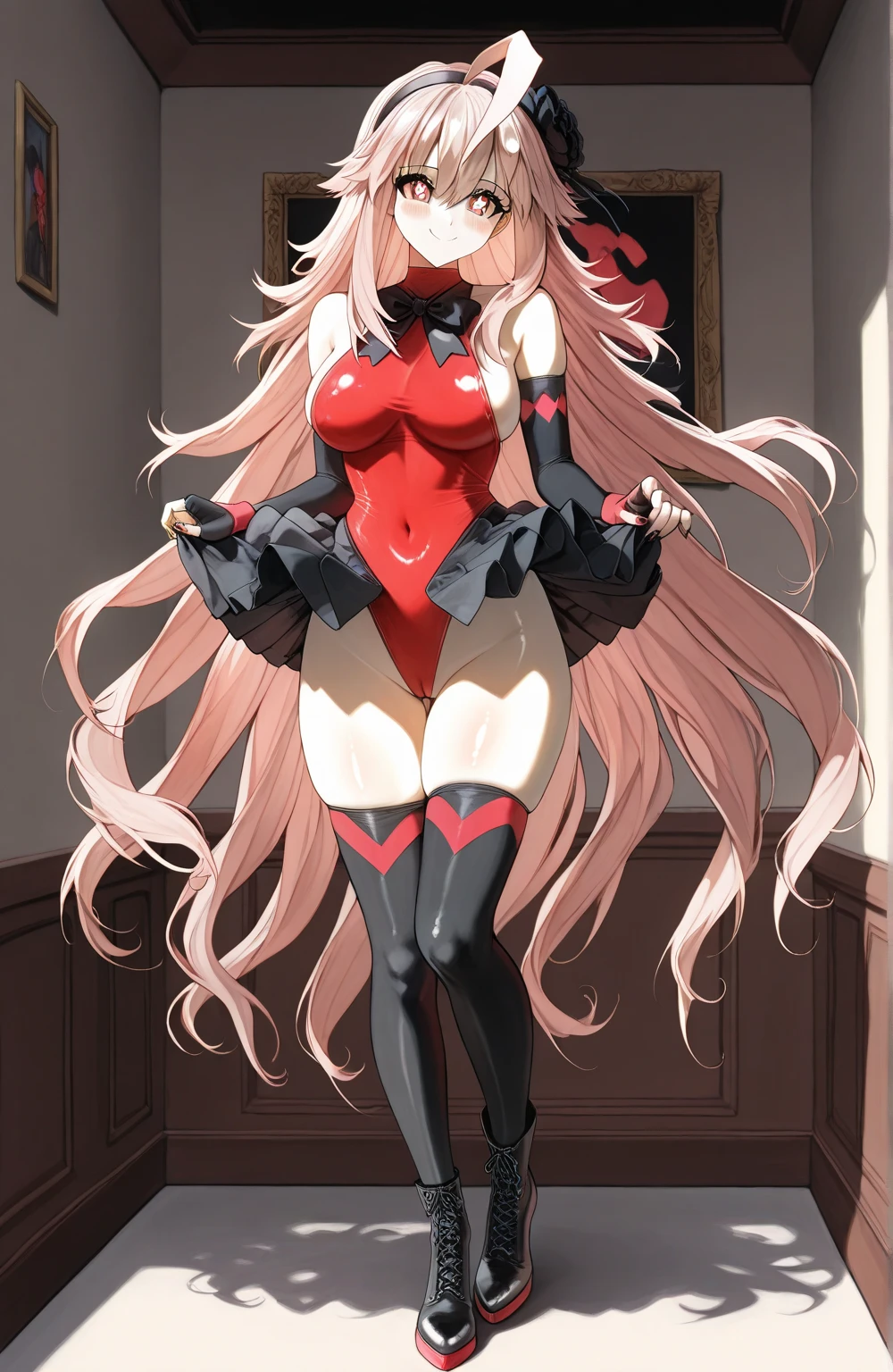 Anime girl, Zero Two, 002 from Darling in the franxx (best quality,4k,8k,highres,masterpiece:1.2), ultra-detailed, (Anime art style, :1.37), portraits, solo, one_girl, long_hair, beautiful_detailed_horns, pink_hair, stunning_breasts, delicate_hairband, enchanting_smile, captivating_gaze, medium_breasts, white_hairband, simple_background, elegant_arms_up, Elegant_Pose, stylish_bangs, mesmerizing_green_eyes, delicate_closed_mouth_smiling,Red Coloured_Xs_and_Os_Women's_Lace_&_net_Floral_Above_knee_Babydoll_Lingerie,fiery_red_horns, exquisite_Lingerie, breathtaking_red_Lingerie, alluring_Lingerie, cascading_very_long_hair, straight_hair, confident_standing_pose, elegant_necktie, Full_body_illustration.