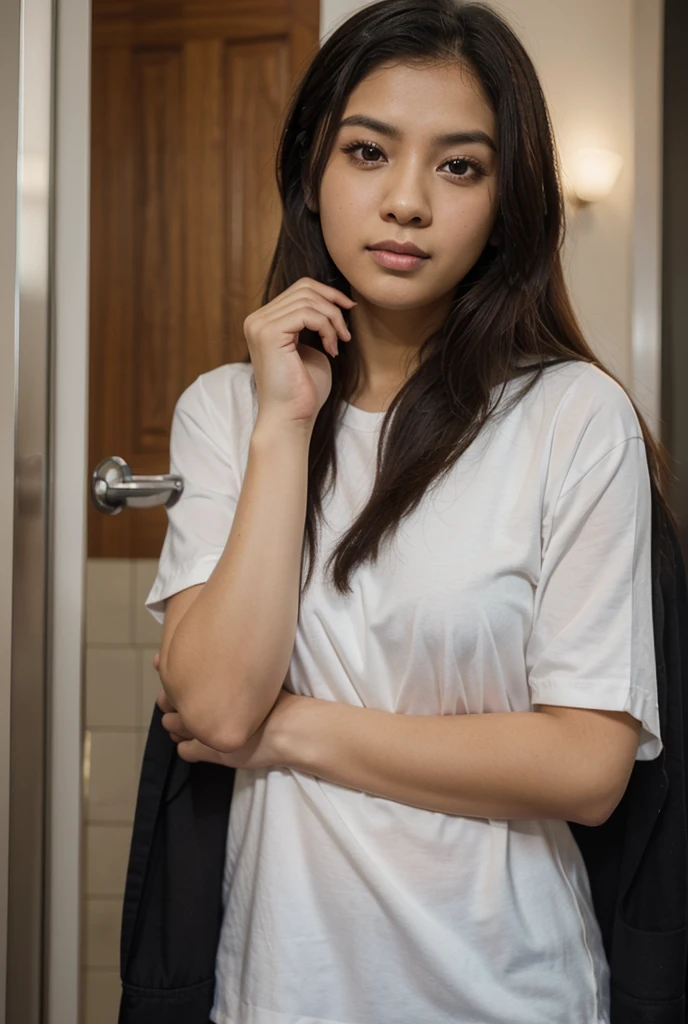 (girl:1.1)One Indian Kerala college girl 15 years old, beautiful girl inside house in Kochi ((upper body selfie, happy)),masterpiece, best quality, ultra-detailed, solo, intdoors,cheerful, happy,sweater, shadows, contrast,analog style (look at viewer:1.2) (skin texture) (film grain:1.3), (warm hue, warm tone:1), close up, cinematic light, sidelighting, ultra high res,upper body, wearing tshirt