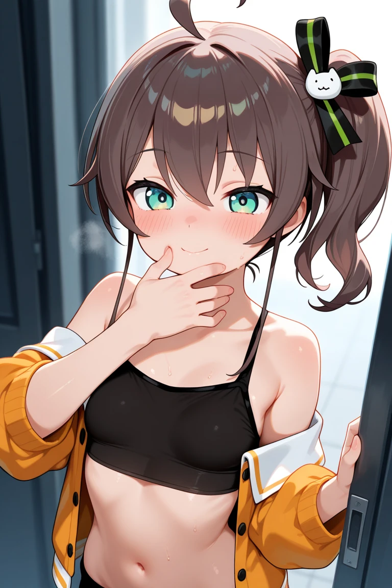 NSFW,(One girl:1.5),natsuiro matsuri,One Side Ponytail,Crop top,Jacket,Shorts,(Perfect hands),(Perfect Anatomy),(masterpiece),(highest quality),Sexually aroused face,blush,Nightlife,Narrow back alley