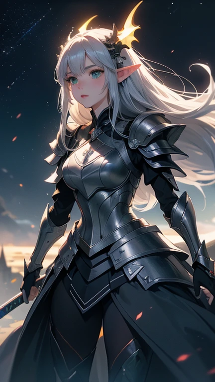 High resolution、Girl、Silver Hair、Long Hair,(),Lion ears、Grey Eyes、Slender、Toned body、knight,armor,Tattoo,