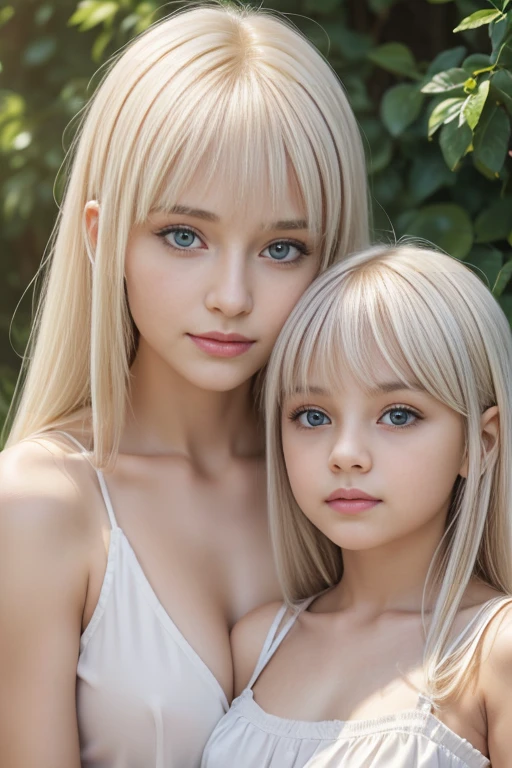 girls blonde children WITH STRAIGHT HAIR, BACKGROUND blue peroil, ice very ice.