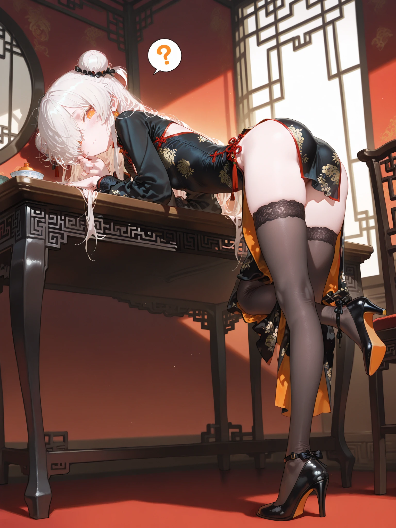 White short haired woman, with yellow eyes, mostrando os peitos, legs open showing pussy, with an angry face and a provocative look, Wearing traditional Chinese imperial clothing in gold and black, with red Hanafuda earrings, with a short red skirt. On your knees in a hotel room bed, with a sunset in the window in the background.