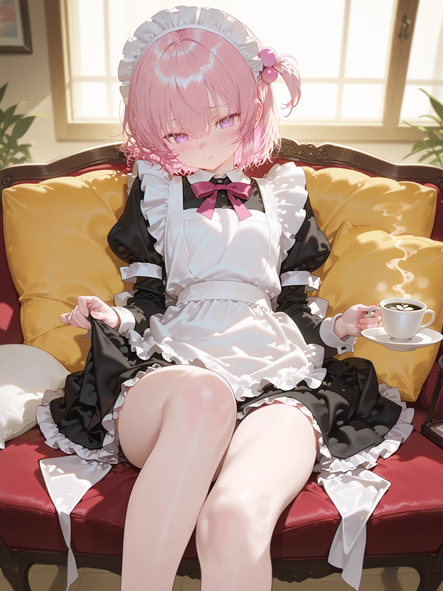 ((Highest quality)), ((masterpiece)), ((detailed)), (4K), there is a sexy maid dressed in a pink uniform sitting on a tray, 1girl, 独奏, breasts, thighhighs, panties, underwear, dress, looking at viewer, maid, small breasts, purple eyes, Ass, maid headdress, garter straps, short hair, Cup, dark skin, bangs, alternate costume, short sleeves, black dress, blush, tray, white panties, thighs, black thighhighs, looking back