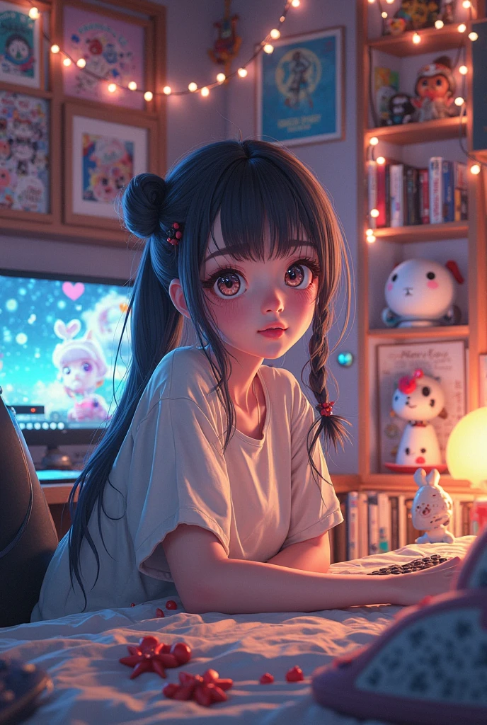 Long black hair, half-pigtails, skirt, ribbon, computer, smartphone