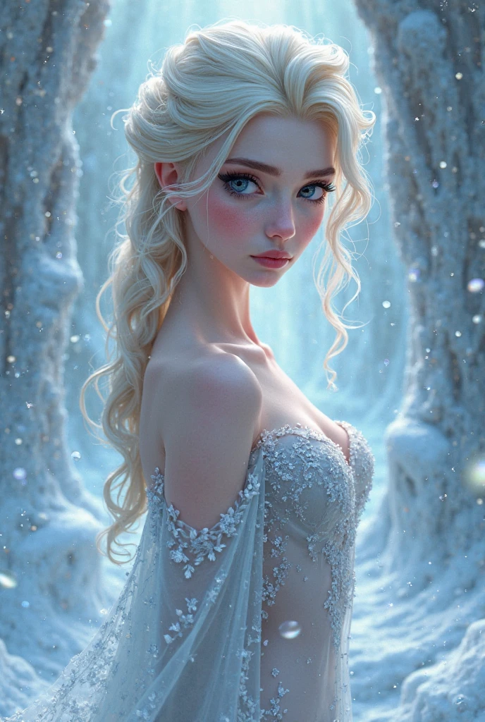 The image features a highly detailed and realistic representation of Elsa, a popular animated character from Disney's "Frozen" franchise. She appears with her distinctive platinum blonde hair and blue eyes. The image captures her with a serious expression and a dusting of frost and snowflakes on her hair and shoulders, which is fitting for her ice queen persona.