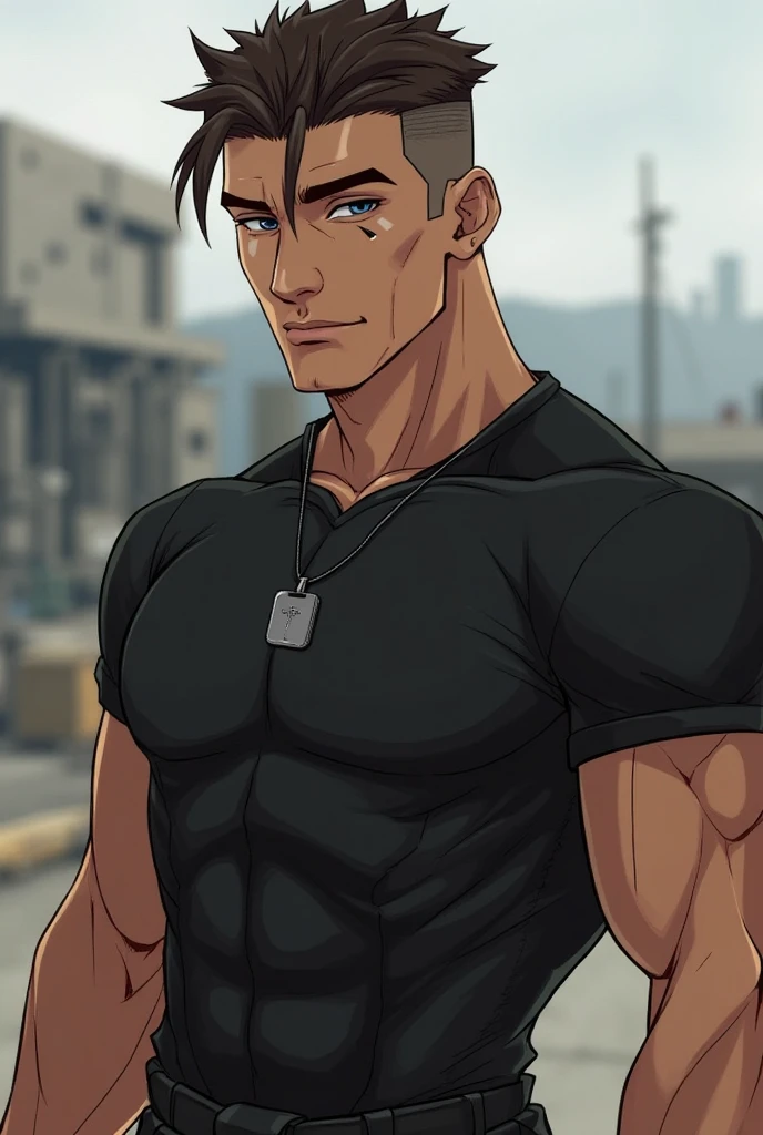 Jean Kirschstein from Attack on Titan is flexing his biceps in a black tshirt with short sleeves.