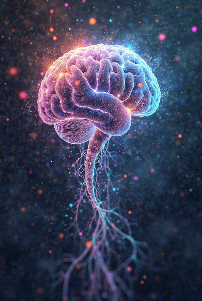 Create an image of space being the main colors of galaxy purple and pink, that it has deepness and vibrancy, with a lot of stars and a galaxy in the middle forming a brain shape and information coming out of the middle of the brain (the image has to be in the size of a book cover)
