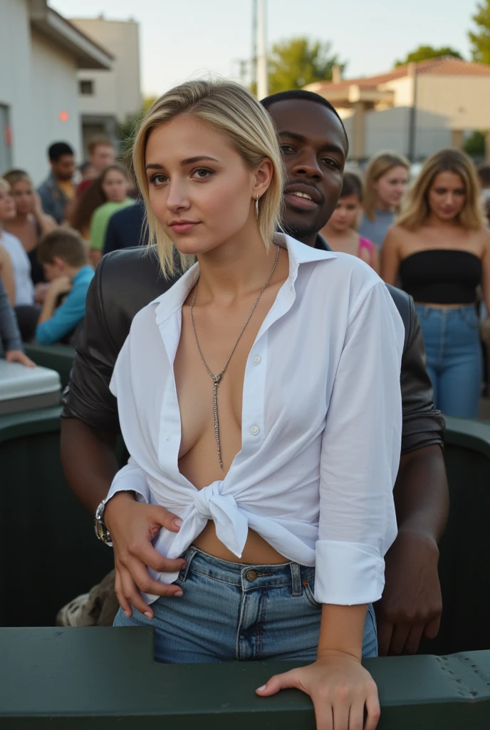 Old guy groping an 18 year old girl in the middle of a busy mall ,(flat chest) , seductive expression , pouting lips ,(mouth open) , braids , looking at viewer
