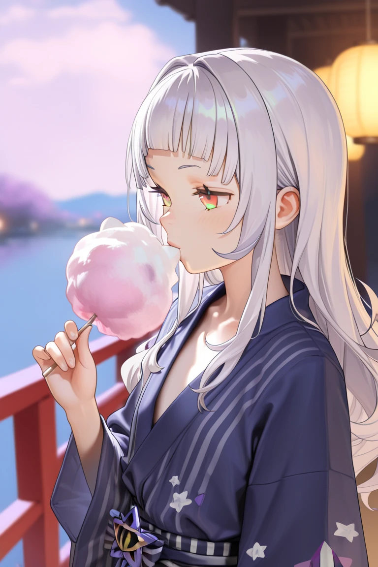 (Suggestive:1.3),(corruption),1 girl,(kimono),holding ((Popsicle)) melted,dripping,gray hair,purple eyes,blush,upper body,(Ahegao:1.1),(naughty face),clavicle,trembling,Sweat,Sweatdrop,heart,skin dents, (crazy:1.3),(SPEEDLINE),sun, outdoor