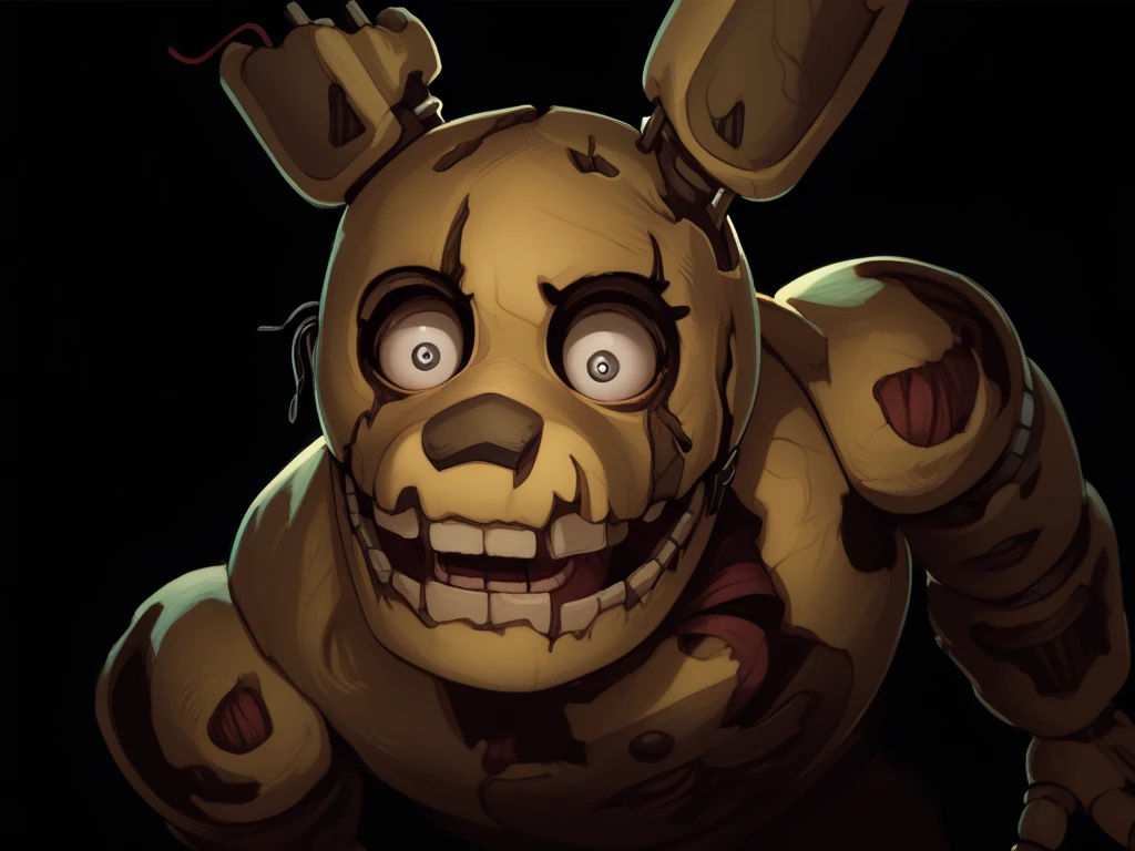 CLASSIC_Springtrap, (((Black background))), Black eyes and purple Iris shining brightly, looking at the spectator, scary setting, (((Eye-angle))).