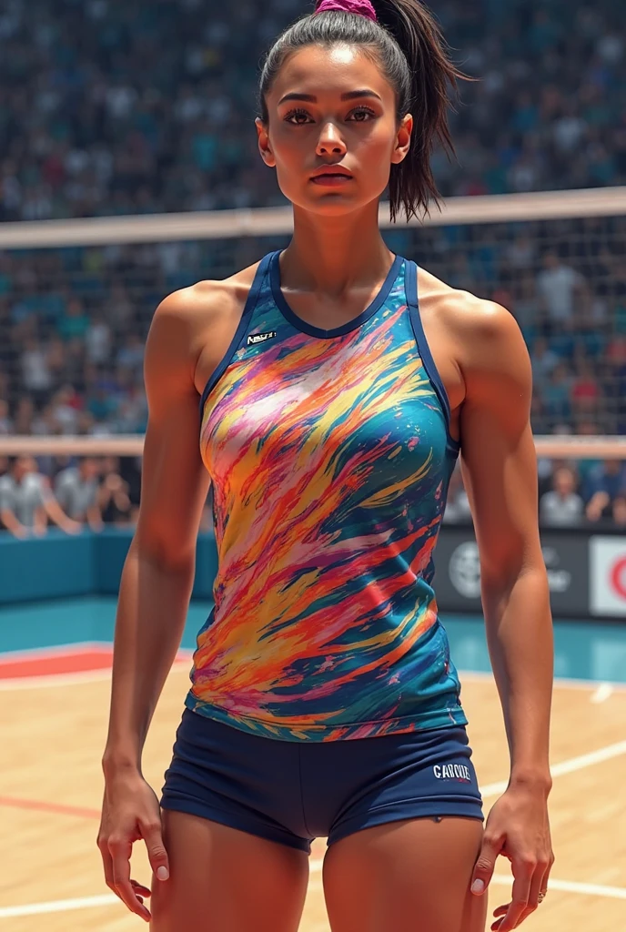 Make a complete women's volleyball uniform that shows everything (sleeveless jersey with number, Lycra and tights) that is sexy but formal, use purple color #a87bc7 and green #5ccb5f (the green lycra with purple details and the purple jersey with green details)