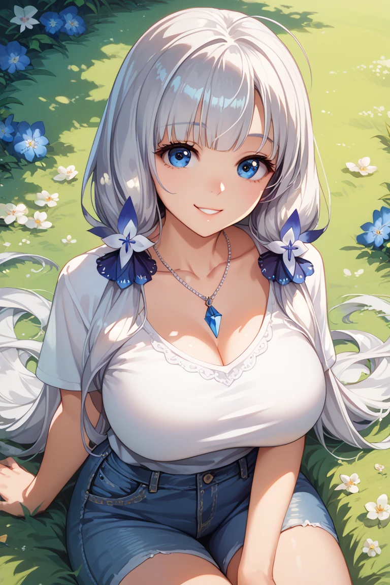 (masterpiece:1.4、top-quality、illustration:,realistic、)、(character focus、,upper body1.3)、(1girl),(clear face:1.3),(),cute face,blue eyes、(tareme:1.3)、(white skin:1.3),
(),(stand:1.4)、(leaning forward:1.4),、
(white hair),(long hair:1.5)、
,(meadow:1.3),(white lace bra,white lace panties:1.5),
(blunt bangs),(sidelocks:1.3), (huge breasts:1.2)、
、slender、