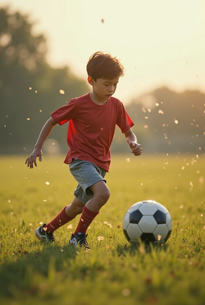 Draw a picture of a very athletic boy, playing football, the image is very colorful but the soccer ball is completely colorless