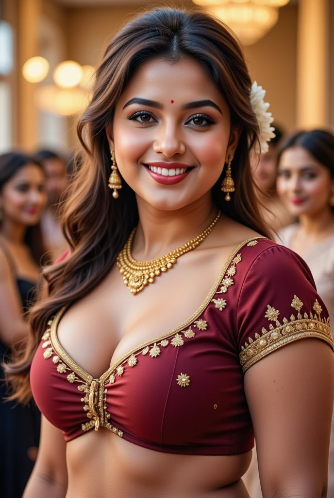 night scene, extreme close up photo of sexy naked mahie gill, big cheeks, curvy, hourglass figure, swooping breasts, deep cleavage, open arms, sexy armpits, seducing in kitchen, ponytail, necklace, red saree, seductive eyes, look at viewer and subtle smile, sultry, (cinematic:1.3), intricate details, (ArtStation:1.2)
