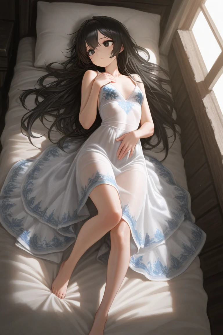 Sleeping girl, 19 years old, realistic, she is wearing small dress, she is wearing transparent dress, [nfsw,],brown hair.