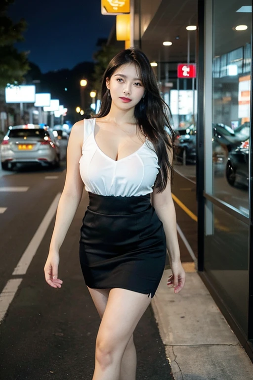 1girl, Blue eyes, (smile), (Sana Minatozaki), wide hips, Big tits, (Best Quality, 8k, Masterpiece: 1.3), perfect hands, Clear Focus: 1.2, Perfect Body Beauty: 1.4, Highly detailed face and skin texture, detailed eyes, double eyelids, (long black hair), black cleavage t-shirt, (pink high stockings), (black tanding in a lighted park), (park at night), (street lights)