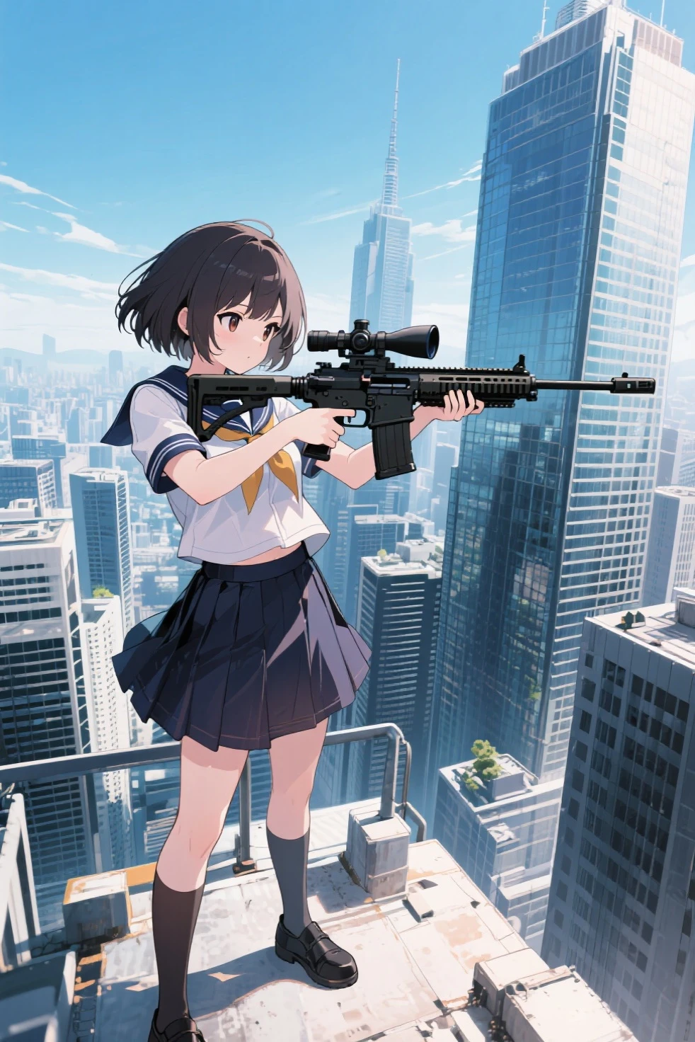 masterpiece, High quality, Cinematic lighting, Front camera angle, Ruined metropolis, High school girl standing on the ground holding an assault rifle (M16), Beautiful girl, Invincible grin, Stylish, Short hair , cleavage, short sailor suit, tartan miniskirt, dynamic pose,