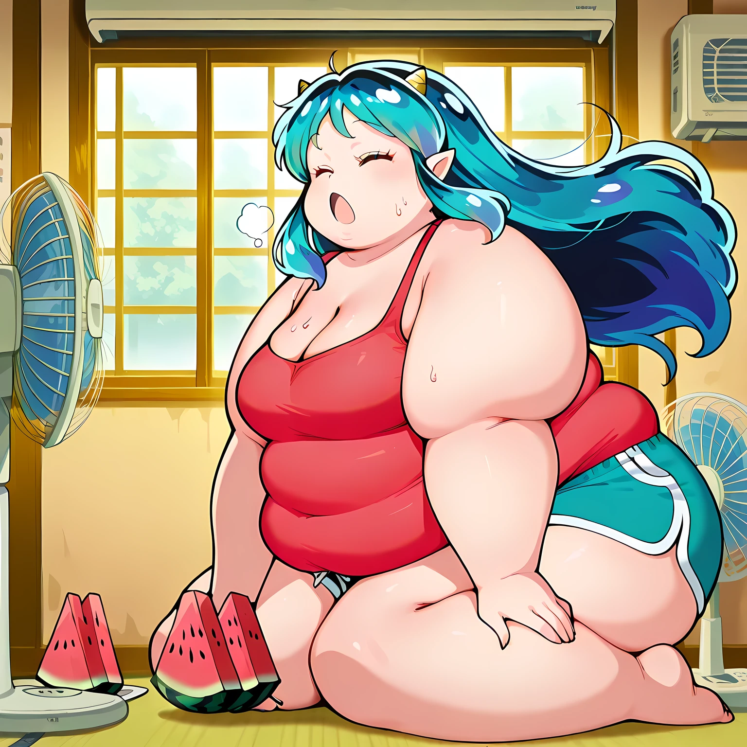 masterpiece, best quality, amazing quality,, lum, long hair, bangs, blue hair, horns, pointy ears, aqua hair, oni horns, mature female, medium breasts, anime screencap, cooling down in front of electric fan, open mouth, cleavage, sitting, closed eyes, food, shorts, barefoot, indoors, short shorts, window, kneeling, fruit, tank top, wind, watermelon, dolphin shorts, electric fan, air conditioner,, , ,fat, chubby, obese, gigantic arms and legs, large breasts open mouth, out of breath