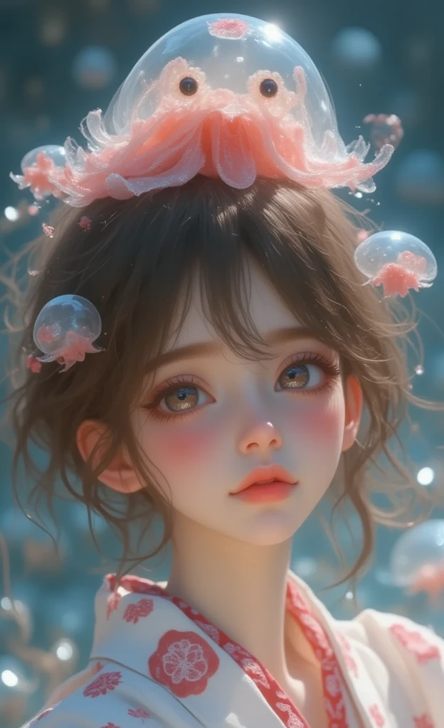 (8K, Raw photo, Best Quality, masutepiece: 1.2), (Realistic, Realistic: 1.37) There are many pink shells on the beach, there is water, pearlescent, pearls and shells, soft spills, pearling, pink jellyfish everywhere, soft 3D rendering, ethereal bubbles, bubble landscape, Iray shader, pastel pink, pink reflections, pearl sky, shells, paradise pink, Pastel colors, pink pastels, 1 tiny tiny girl in the shells