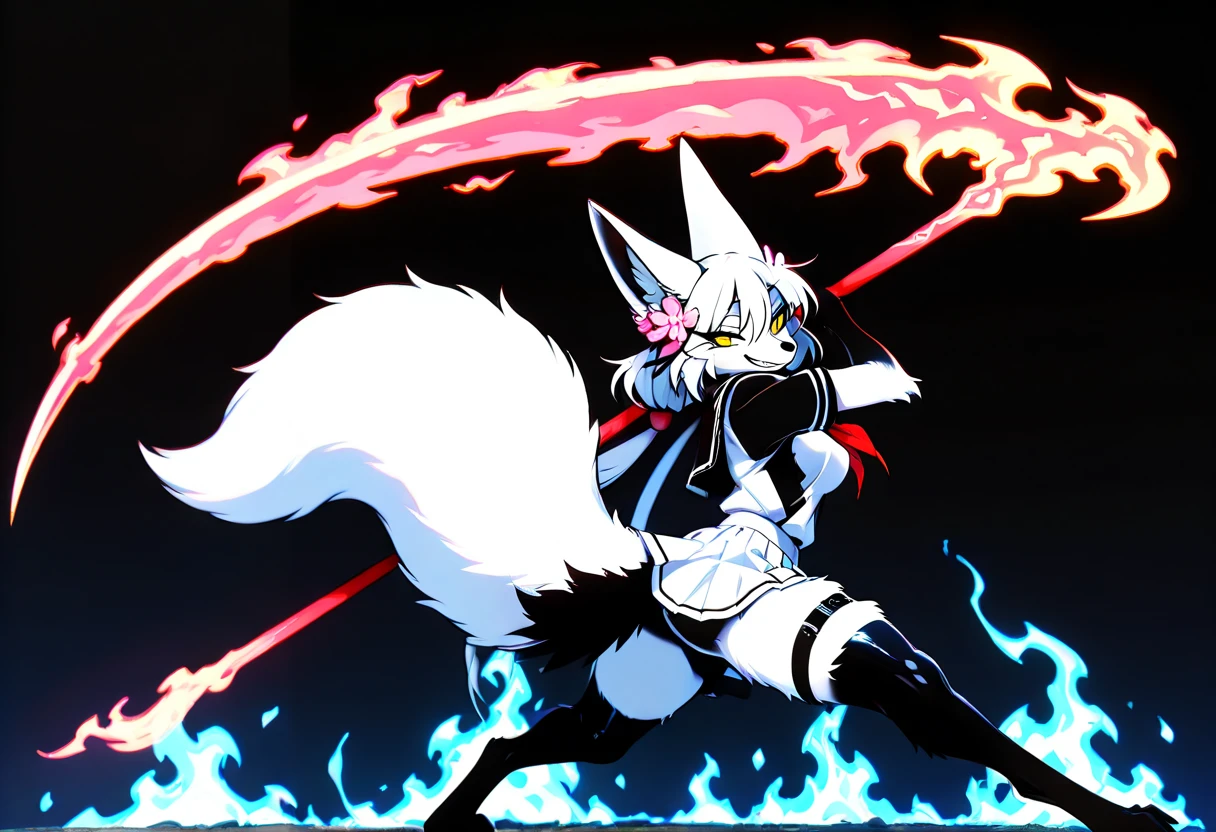 White hair, 1girl, solo, paws, jagged sword, huge sword, petite, toned muscle, tanned, red eyes, looking at viewer, huge fluffy fox tail, black armor