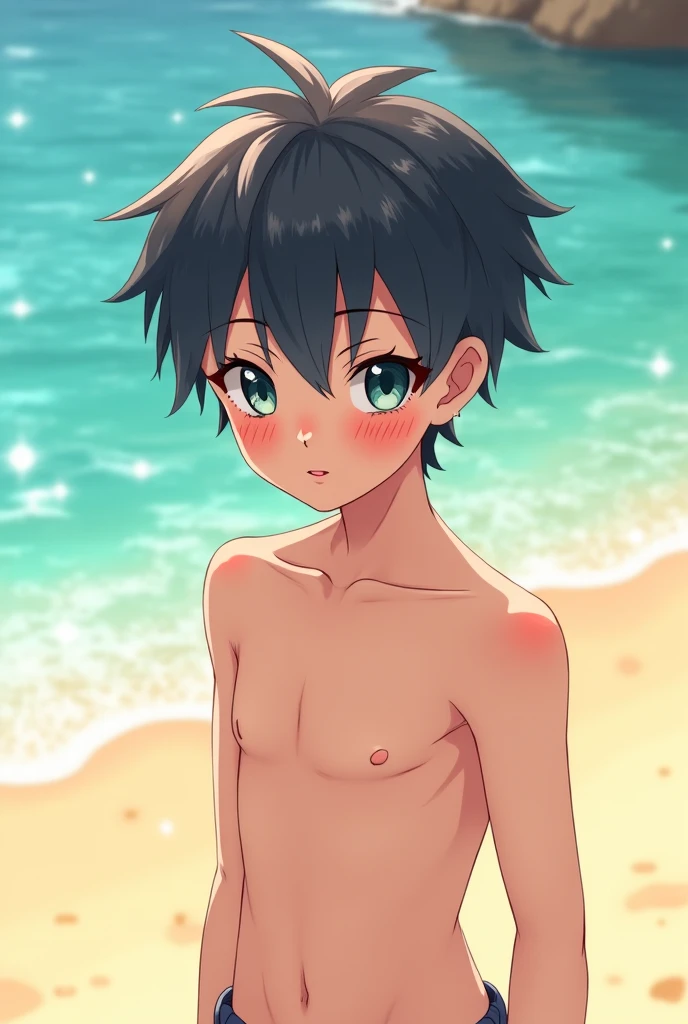 masterpiece, best quality, extremely detailed, Girl, short, boyish, short hair, (((very small tits))), topless nude,(Boys Swimwear) ,ocean, beach, sand, rocks,blush,