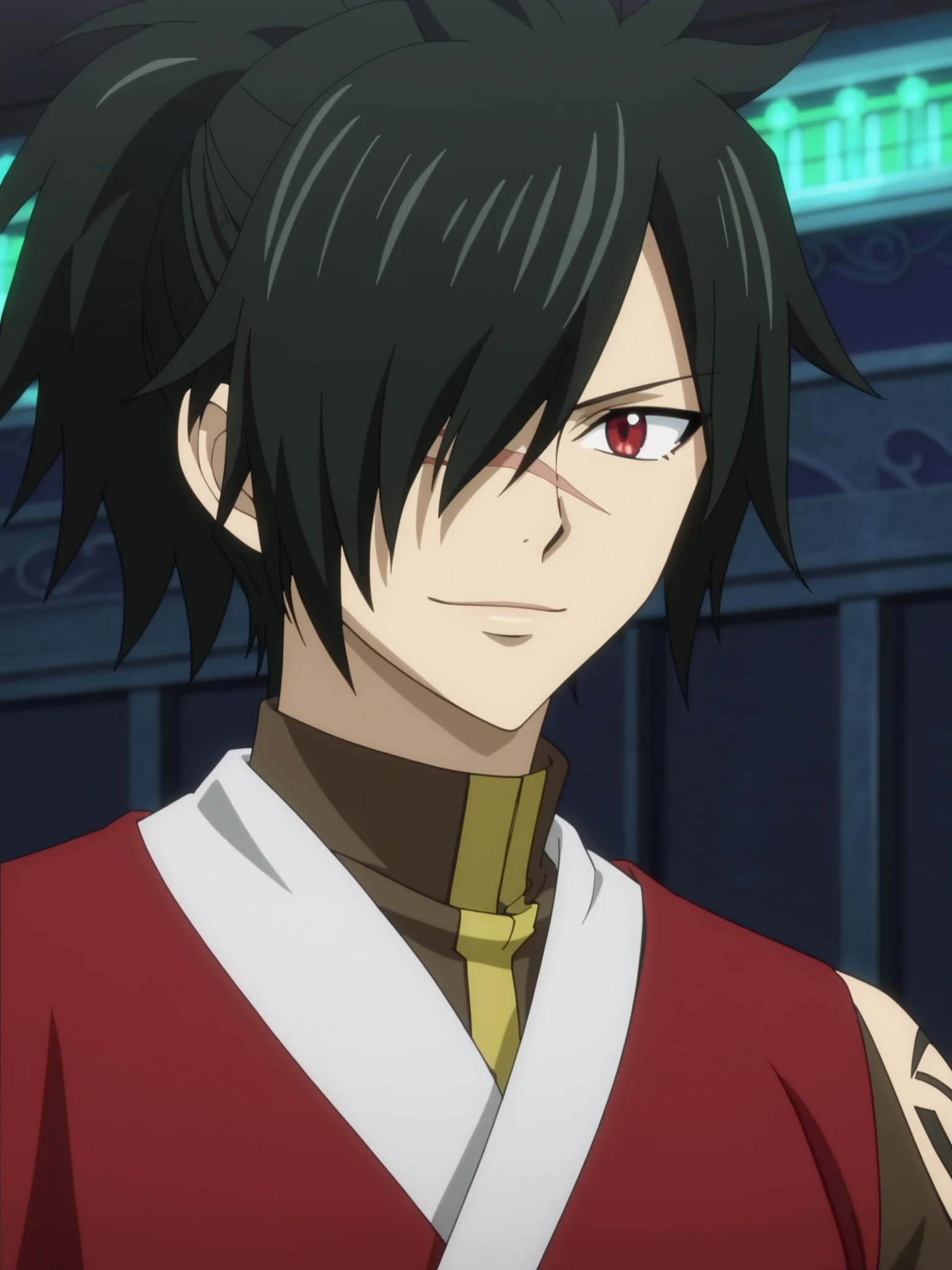 rogue_cheney, black hair, red eyes, hair over one eye, scar tattoo close-up, official style, ((anime screencap)), 8K, extremely detailed, 1boy, solo, looking at viewer, black background , shadow , atmospheric perspective , intricately detailed , depth of field , masterpiece , best quality , amazing quality , very aesthetic , absurdres , newest, smile and blush, ponytail