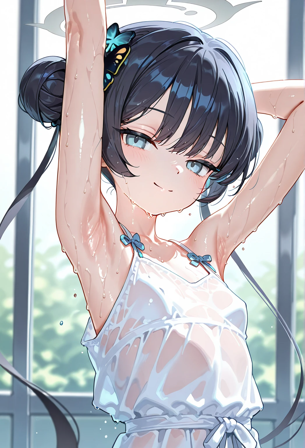 High resolution, Highest quality,  super high quality, Ultra-detailed, Cinematic lighting、四つん這いのButt、girl 、White swimsuit、Exposing thighs、Bobcut、Beautiful Skin、A fairy-like face、Embarrassing、Beautiful Eyes、Sweaty、Sweat、Butt、完璧なButt、