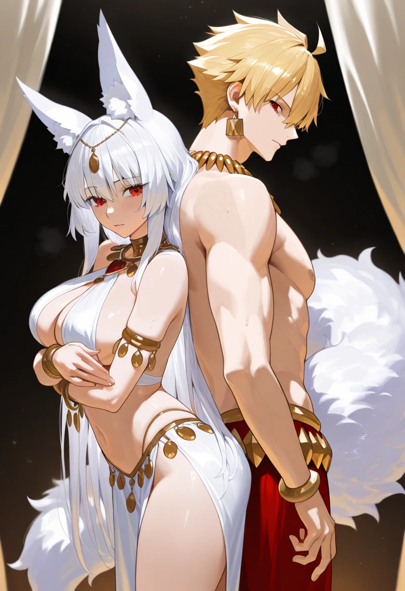 ((Best Quality, Masterpiece, perfect anatomy, detailed picture)), furry, 1woman, pantera, two tone skin, black body, gray fur, sexy, long white hair, ponytail hair, fluffy feline tail, yellow sclera, tribal tattoo, earrings, red blush, shy, in the ruins, portrait, illustration, gold necklace add_detail:1 ,gold bracelet add_detail:1, gold navel piercing_detail:1, couple of lovers