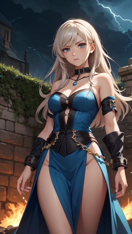 (masterpiece, best quality), intricate details, 1girl, Cammy White from Street Fighter (standing full body toe to head by wooden pole:1.2) iron collar, arms behind back, iron cuffs, shackles, bound, bondage outfit, harness, o-ring, bondage outfit blindfolded cover eyes, happy red cheeks, chain leash collar choker neck bell shackles wristbands bracers bracelets, cleave gag