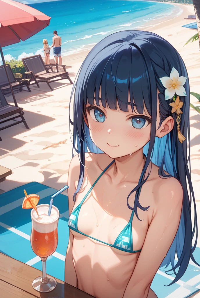 ((8k, Highest quality, masterpiece: 1.3)),Ultra-high resolution,(1 girl, alone), (Color changing eyes, Ultra-detailed, Expressive brilliance, Glitter, Glowing Eyes), Highly detailed eyes, Highly detailed face, Random Hair, ((pastel colour)),A stunning young woman with shoulder-length pastel blue hair styled in loose, beachy waves. She is lying on a sun lounger by the poolside, enjoying the midday sun. She wears a vibrant yellow bandeau bikini with a knot in the center of the top, paired with matching high-waisted bottoms. The camera captures her from a slightly elevated angle, focusing on her relaxed posture as she tilts her head back, eyes closed, soaking up the sun. Her skin has a healthy glow, and there’s a light sheen of sunscreen on her shoulders. The pool water sparkles in the background, and a tropical drink with a small umbrella sits on a side table next to her.
