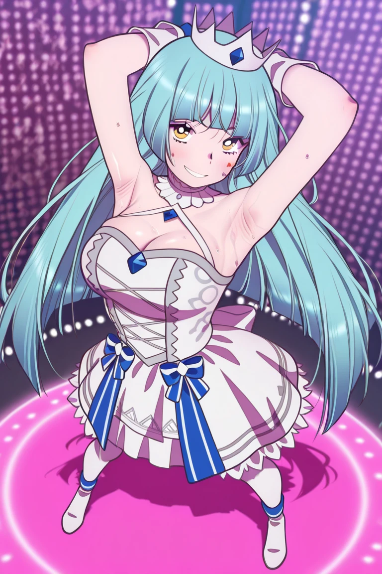 (mememe:1.3), (long hair:1.1), pretty face, detailed face, eyes, blue hair, solo, entertain, drunk, dance pose, waving,breasts, pink dressed with purple gloves, distant distance, hdr light reflection, <lora:mymememe_78:1>, volumetric clouds, central theatre, scene lights, action movie clip, dance party, strong shadows