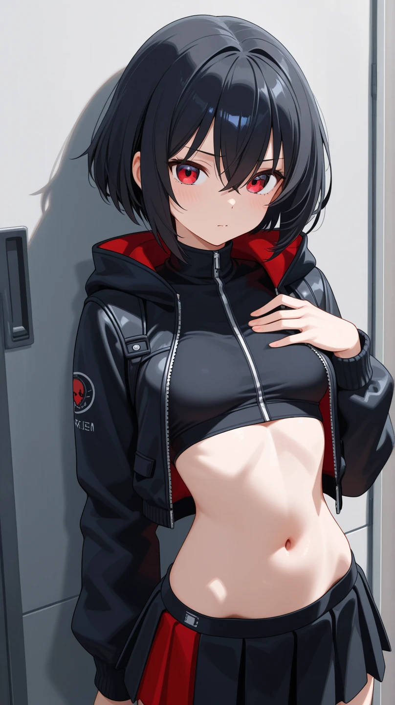 1girl, solo, mature female, vampire, (pale skin:0.8), red eyes, black hair, (wavy hair:0.1), messy hair, short hair, hair between eyes, wolfcut, pixie cut, makeup, punk, emo, breasts, black zipped hoodie, black pasties, black shorts, pantyhose