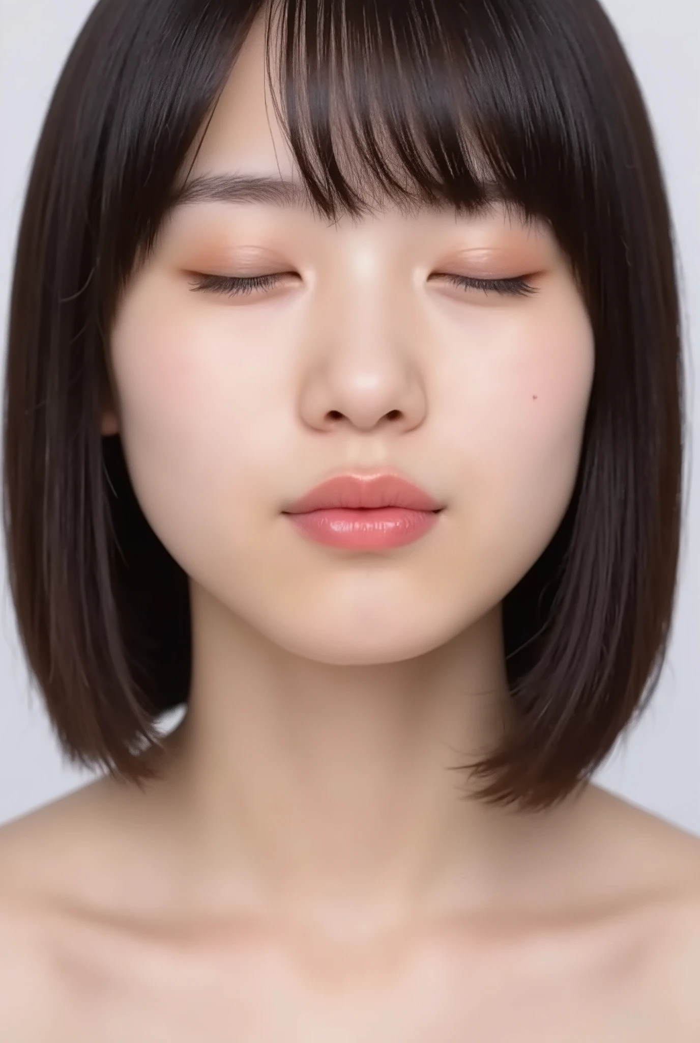 ultra-detailed close-up of a beautiful modern girl, collarbone-up composition, white studio background, soft natural lighting, soft focus on background, 
camera angle slightly elevated (about 60 degrees), subject's chin gently raised, head and face facing forward, body posture suggesting slight tiptoeing, 
eyes gently closed, dreamy and euphoric expression, cheeks and ears flushed with bashful blush, lips tightly puckered and strongly protruding, 
mouth forming a rounded "O" shape like whistling or blowing a kiss, kissy lips, extremely glossy and moist lips with shimmering highlights, 
natural-looking shiny lip gloss as the only makeup, skin is matte with visible peach fuzz and realistic pores, 
subtle  contour blur to guide viewer’s gaze toward lips, cute and soft dere-dere mood, 
deeply affectionate smile while puckering, hands behind the back and not visible, black camisole straps slightly visible, 
overall overflowing with affection, adorably  and shy charm, longing and dazed joy, subtly coquettish expression, 
no vintage look, fully modern skin tone, hair texture and color corrected to current aesthetic standards
