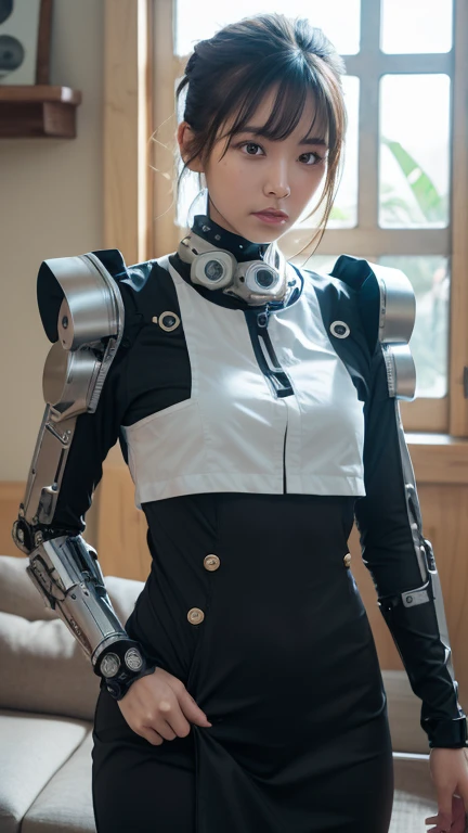 (Photorealsitic:1.4)、Onegirl、(top-quality),(hyperdetailed face)、(Super well-formed face)、((Robot Parts))、(Cyborg girl)、(Silver)、(metalic)、(fullllbody)、(sexy pose)、(Slender body)、(tits out)、(Model body type)、(mecha exposure)、(akihabara)、(is looking at the camera)、(A dark-haired)、(9Head and body)、(a small face)、(Idol)、(front facing)、(is standing)、(Photo session)、(Looks sad)、(Cyborg girl in blue satin dress)、(sleeve less)、(a miniskirt)、(a belt)