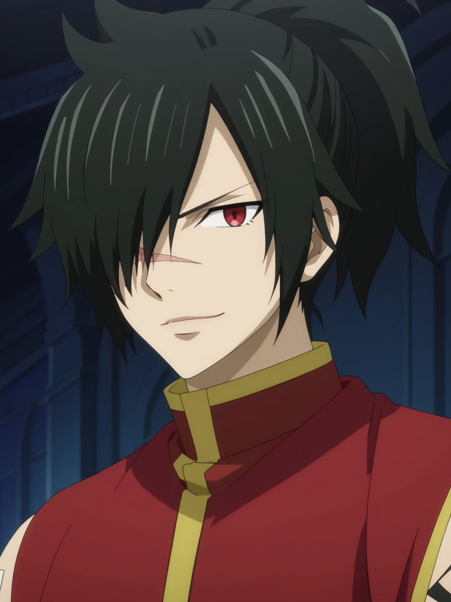 rogue_cheney, black hair, red eyes, hair over one eye, scar tattoo close-up, official style, ((anime screencap)), 8K, extremely detailed, 1boy, solo, looking at viewer, black background , shadow , atmospheric perspective , intricately detailed , depth of field , masterpiece , best quality , amazing quality , very aesthetic , absurdres , newest, smile and blush, ponytail
