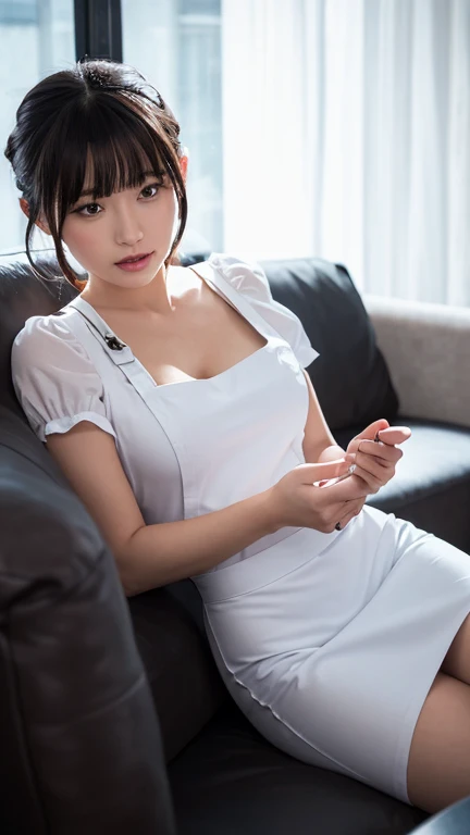 24-years-old，Pediatric nurse，Japanese，Short Hair，Mini one-piece nurse uniform、Cleavage，Selfie，She sat on the bed、Spread your legs and your underwear is visible.