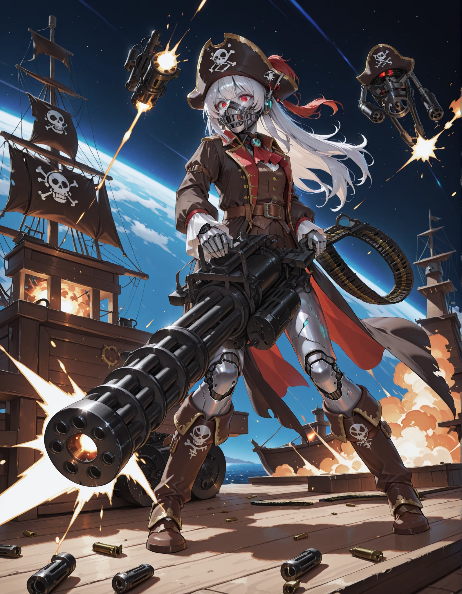 masterpiece, absurdres, highres, newest, solo, solo focus, cyborg, silver metallic skin, cybernetic limbs, space pirate, endoskeleton, red eyes, (long sleeves, pirate costume, pirate hat, pirate boots), space backdrop, attacking, on a pirate ship, space port, (c-m134, firining and holding m134, two-handed, ammunition belt, muzzle flash, casing ejection from the weapon), menacing.